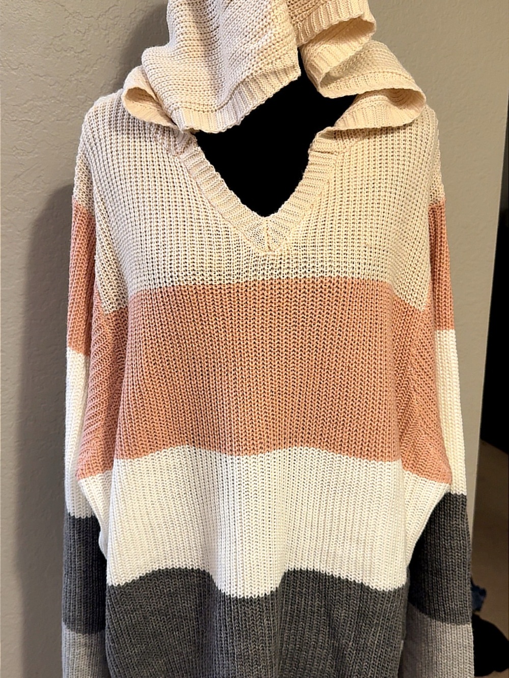 Cozy V-Neck Striped Pullover Sweater in Cream, Blush & Gray